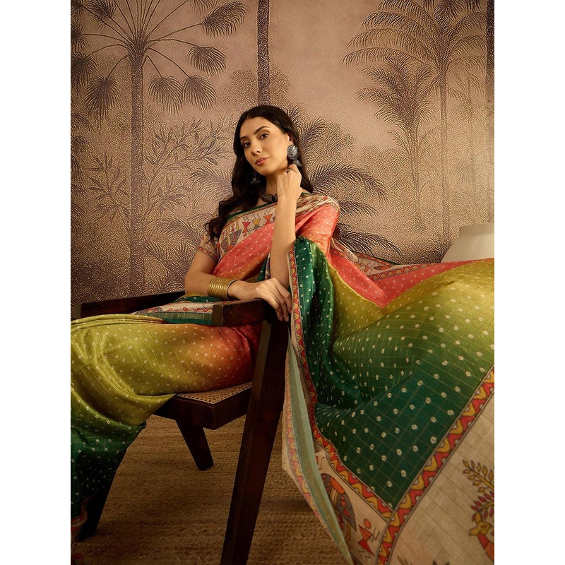 Sangria Bandhani Printed Zari Saree With Unstitched Blouse Piece