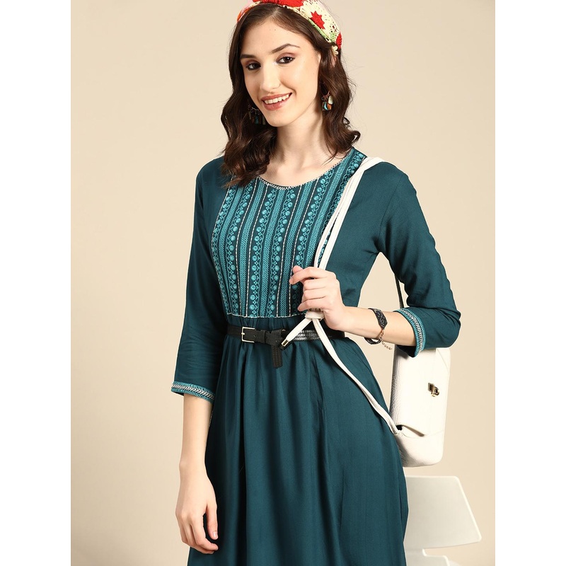 Sangria Women Teal Ethnic Motifs Embroidered Indigo Kurta