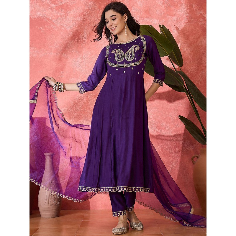 Sangria Zari Sequence Embroidered Anarkali Kurta With Trousers & Dupatta