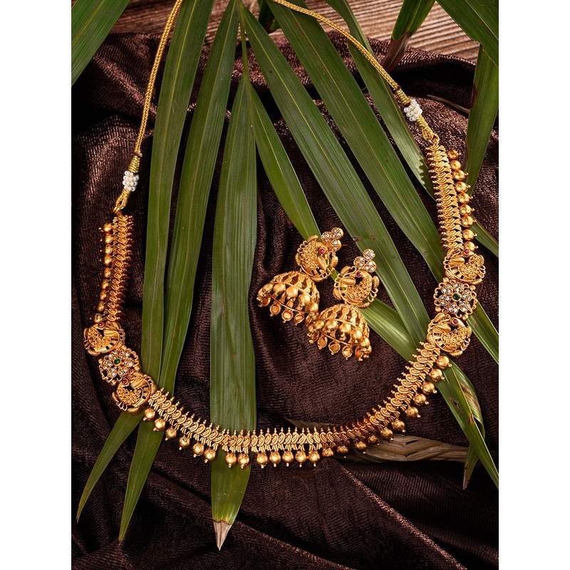 Saraf RS Jewellery Gold-Plated Stone-Studded Peacock Temple Jewellery Set
