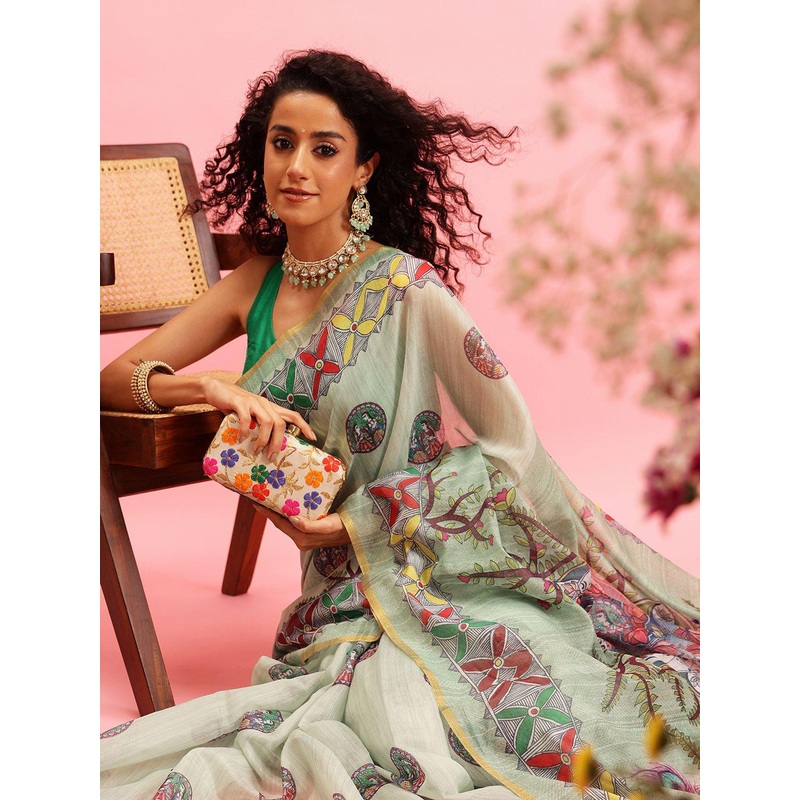 Silk Land Madhubani Design Cotton Blend Digital Print Saree