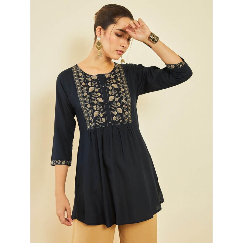 Soch Floral Print Round Neck Three-Quarter Sleeves Pleated Tunic