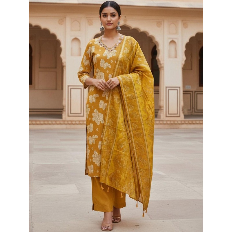 SZN Women Floral Printed Regular Thread Work Pure Cotton Kurta with Trousers & With Dupatta