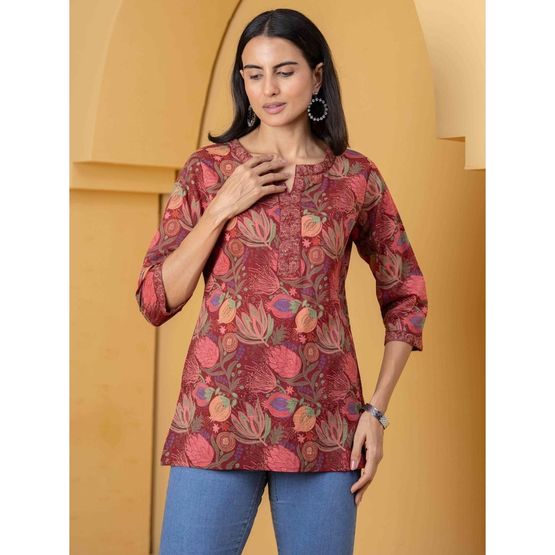SZN Women Maroon & Multicoloured Floral Printed Straight Tunic