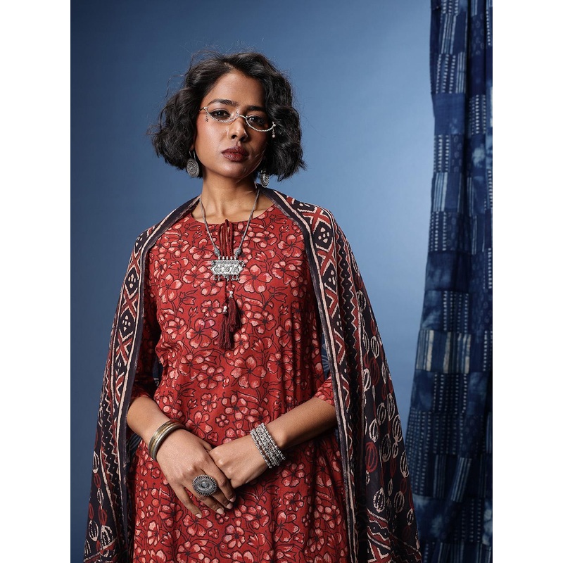Taavi Floral Printed Tie-Up Neck Ajrakh Kurta with Trousers & Dupatta