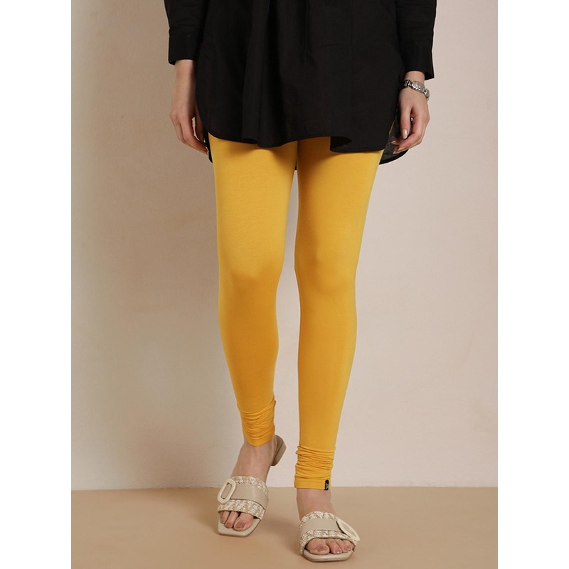 TWIN BIRDS Women Mustard Yellow Solid Churidar-Length Leggings