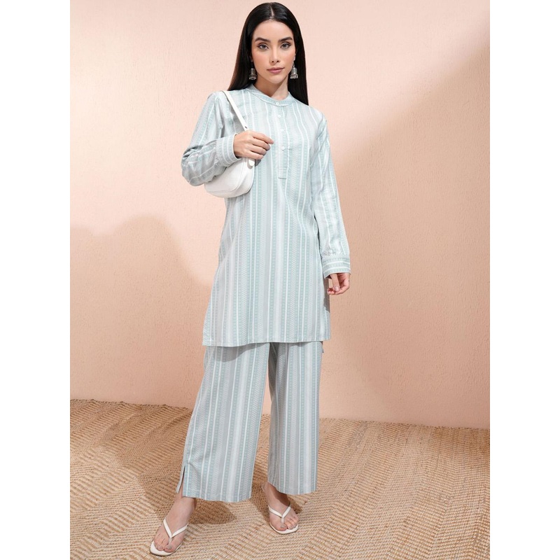 Vishudh Grey Striped Band Collar Long Sleeves Top With Palazzo