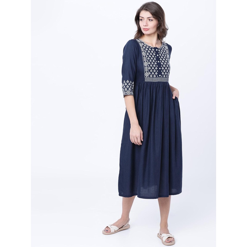 Vishudh Women Navy Blue Printed Fit and Flare Dress