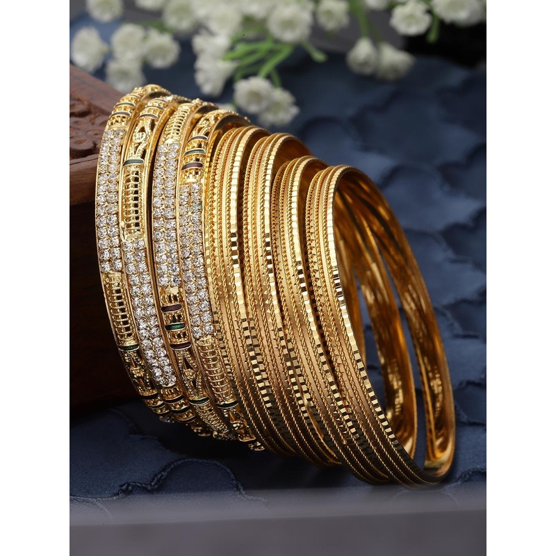 ZENEME Set Of 16 Gold-Plated CZ Studded Classic Bangles