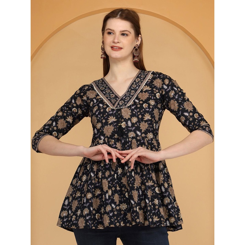 AJ ART Floral Embroidered V-Neck Mirror Work Pure Cotton Mirror Work Anarkali Kurti