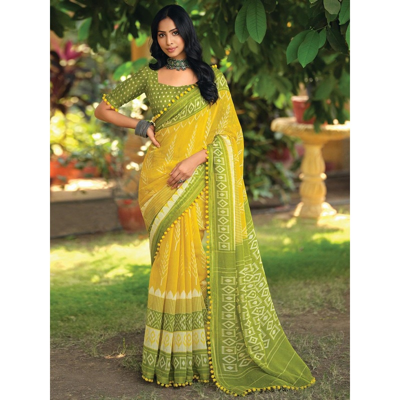 Anouk Rustic Yellow Ethnic Motifs Printed Ikat Saree
