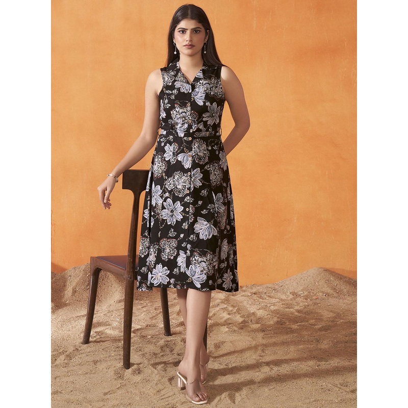 Anouk Women Floral Printed Lapel Collar Belted Shirt Midi Dress