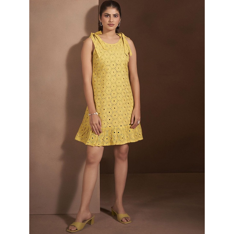 Anouk Women Tie-Up Neck Schiffli Shift Dress