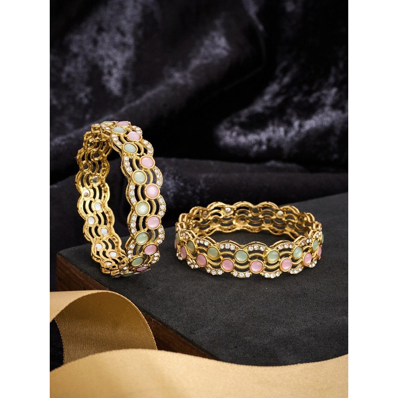ATIBELLE Set Of 2 Gold Plated Stone Studded Bangle