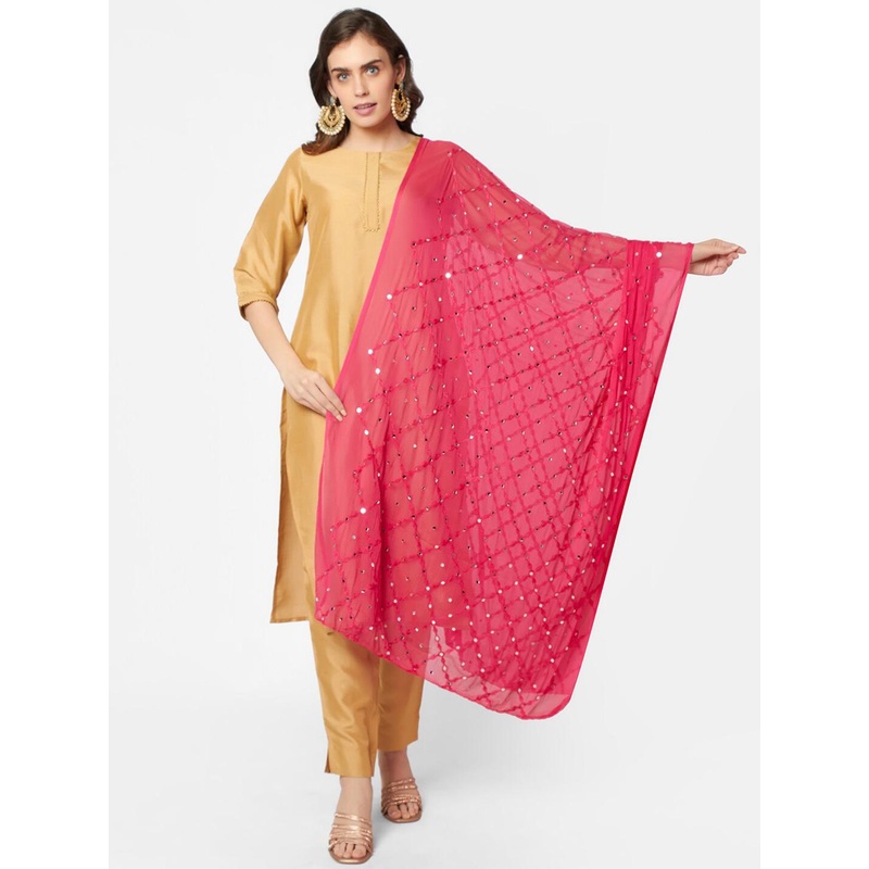 Dupatta Bazaar Pink Ethnic Motifs Embroidered Dupatta with Mirror Work