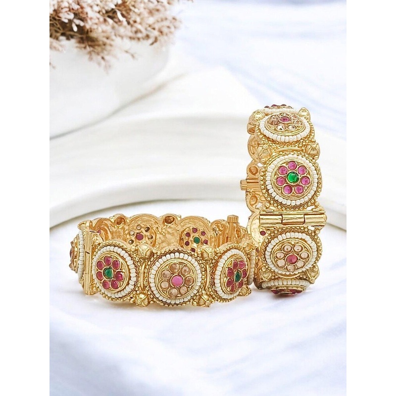 FEMMIBELLA Set Of 2 Gold Plated Stone Studded & Beaded Kada Bangles