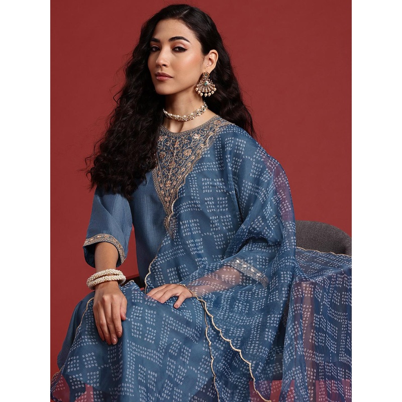 Indo Era Bandhani Yoke Design Gotta Patti Kurta With Trousers & Dupatta