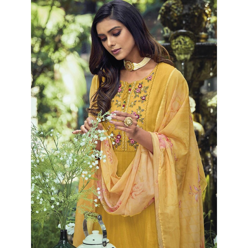 Indo Era Yellow Yoke Design Thread Work Pure Cotton Kurta With Trousers & Dupatta