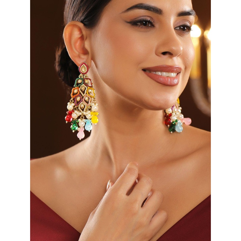 Rubans 18K Gold-Plated Multicolor Kundan & Pearl Studded Long Chandelier Earrings
