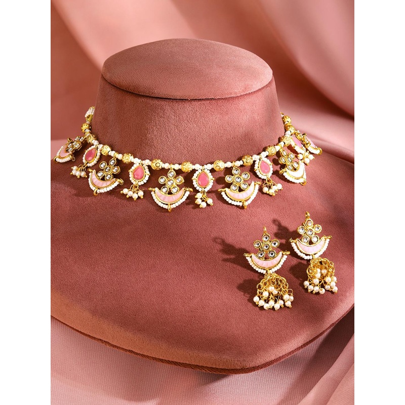 Rubans 22K Gold Plated Pink & White Enamelled Kundan Studded Choker Set with Pearl Details