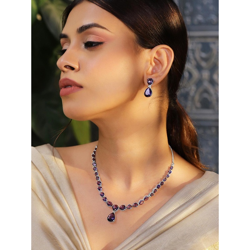 Rubans Rhodium-Plated Amethyst Purple AD & Cubic Zirconia Studded Necklace Set