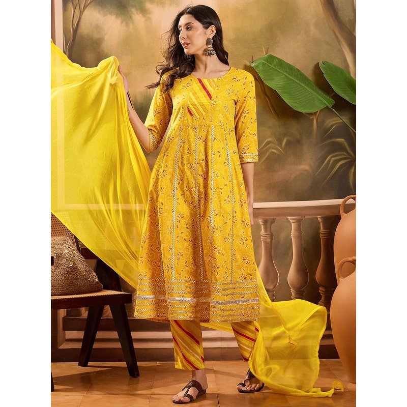 Sangria Bandhani Print Gota Patti Work Pure Cotton Anarkali Kurta With Trousers & Dupatta