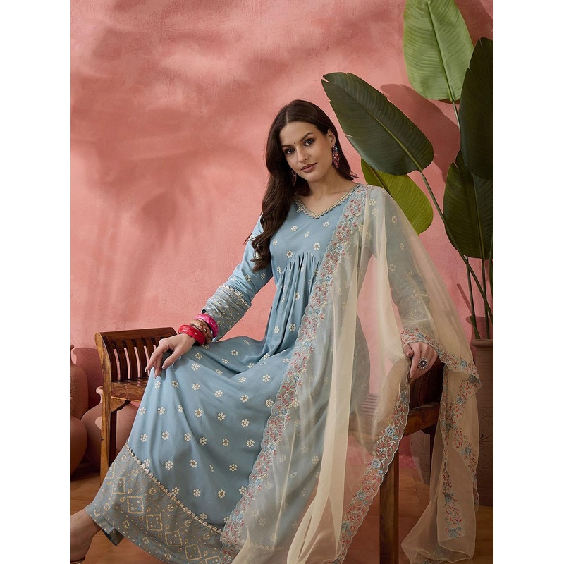 Sangria Bandhani Printed V-Neck Thread Work Anarkali Kurta Trousers & Dupatta