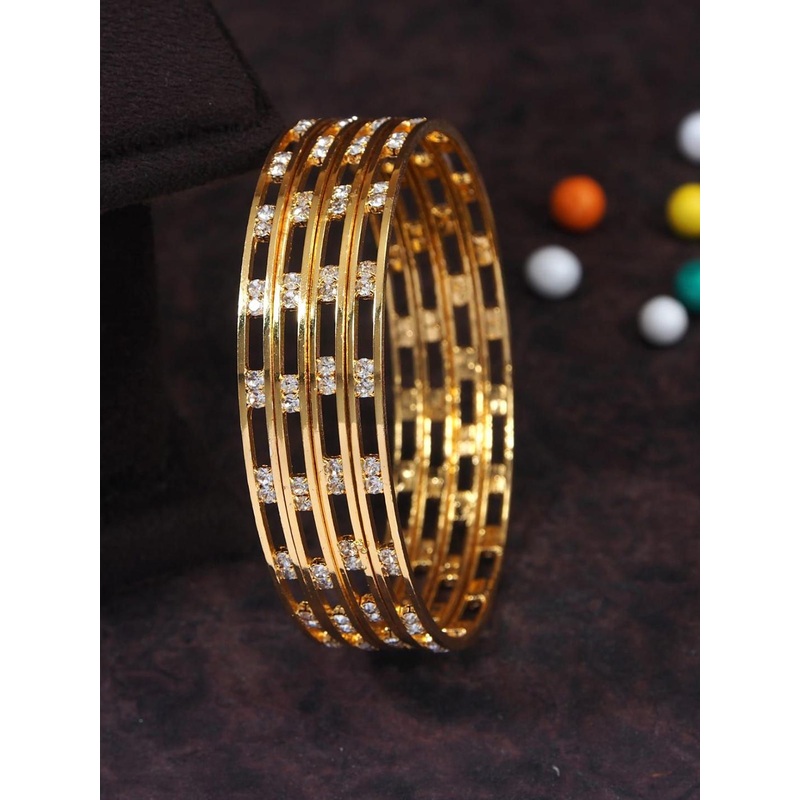 SGA FASHION Set Of 4 Gold-Plated American Diamond Stones Studded Bangles