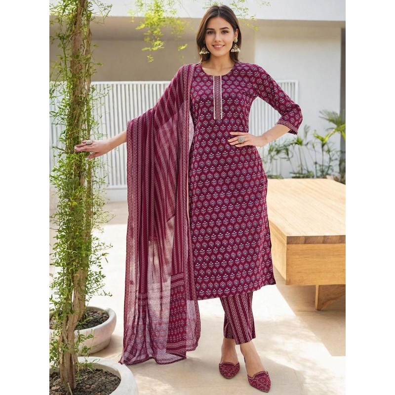 SZN Women Floral Self Design Cotton Kurta with Trousers & Dupatta