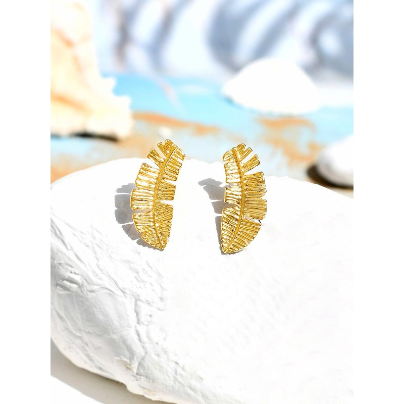Voylla Gold-Plated Contemporary Banana Leaf Studs Earrings