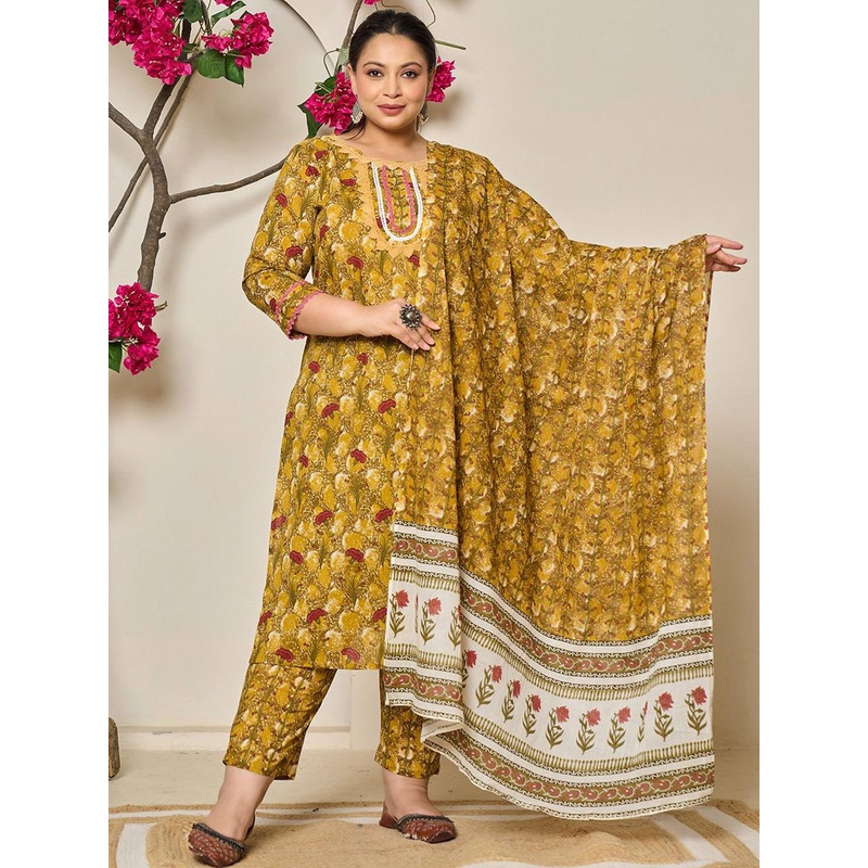 Yufta Plus Size Floral Printed Pure Cotton Straight Kurta With Trouser And Dupatta