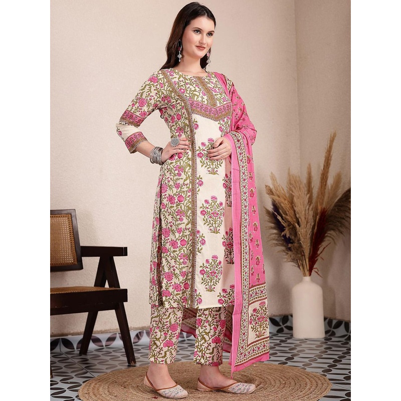 Yufta Women Floral Embroidered Regular Sequinned Pure Cotton Kurta with Trousers & With Dupatta