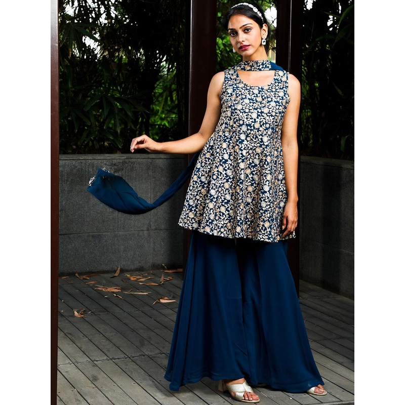 AKS Couture Floral Embroidered Regular Kurta with Sharara & With Dupatta