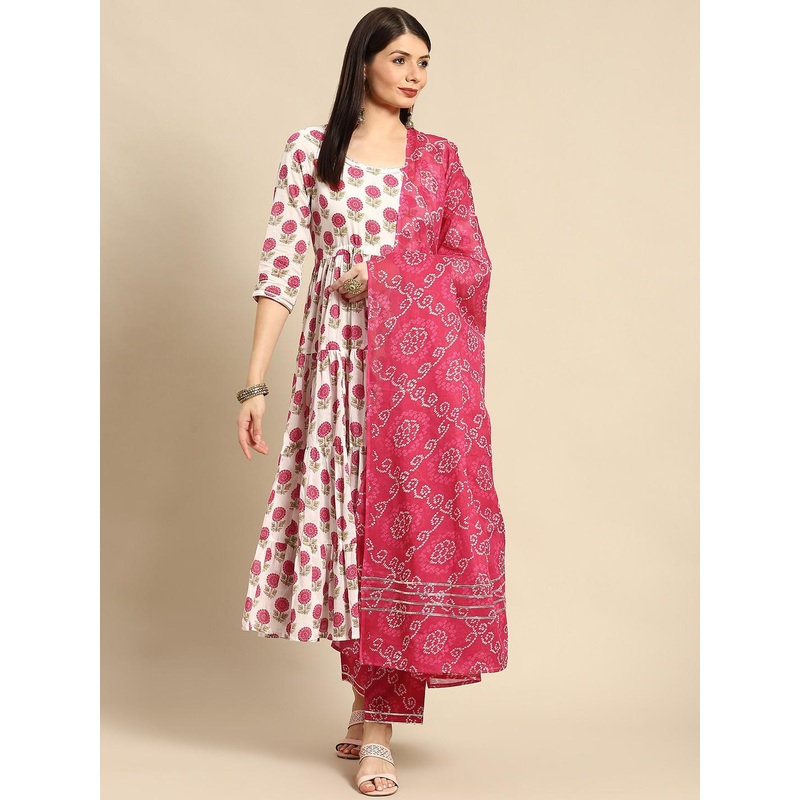 anayna Women White Ethnic Motifs Printed Pure Cotton Kurta with Trousers & Dupatta