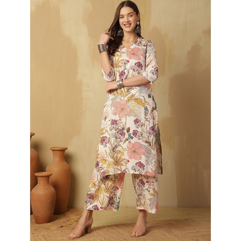 Anouk Cream Floral printed V-Neck Pure Cotton Kurta With Palazzos