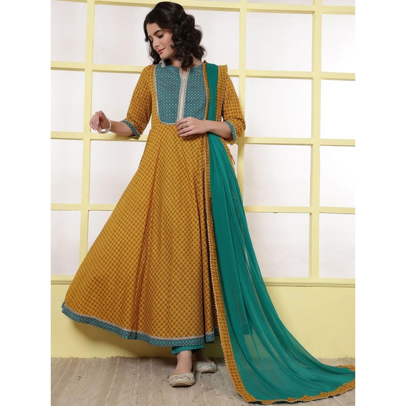 Anouk Rustic  Women Ethnic Motifs Printed Panelled Pure Cotton Kurta with Trousers & With Dupatta