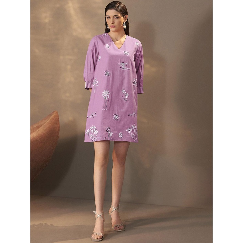 Anouk Women Cotton Floral Embroidered V Neck Flared Sleeves A-Line Dress