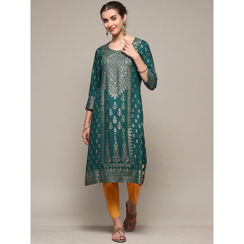 Biba Round Neck Straight Woven Design Kurta