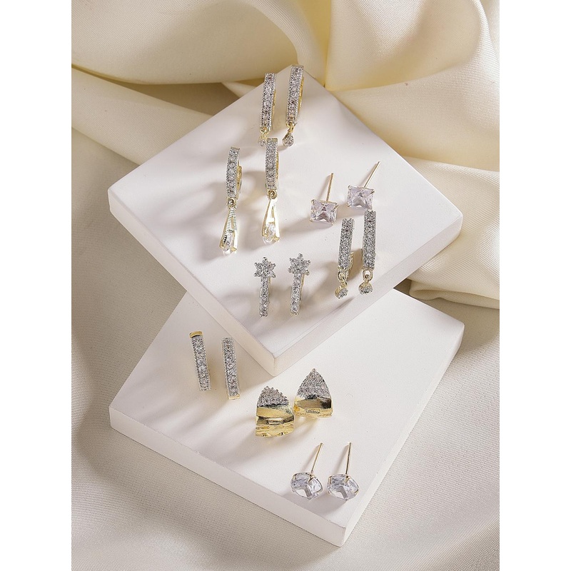 DressBerry Set of 8 White Gold-Plated American Diamond Contemporary Studs Earrings