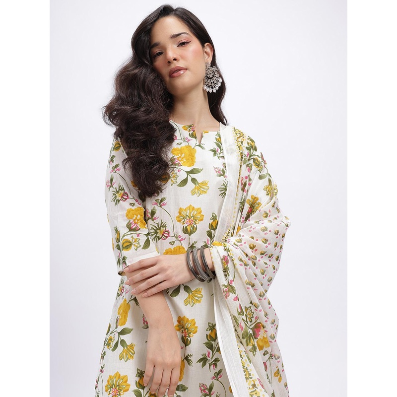 HERE&NOW Floral Printed Pure Cotton Straight Kurta with Trousers & Dupatta