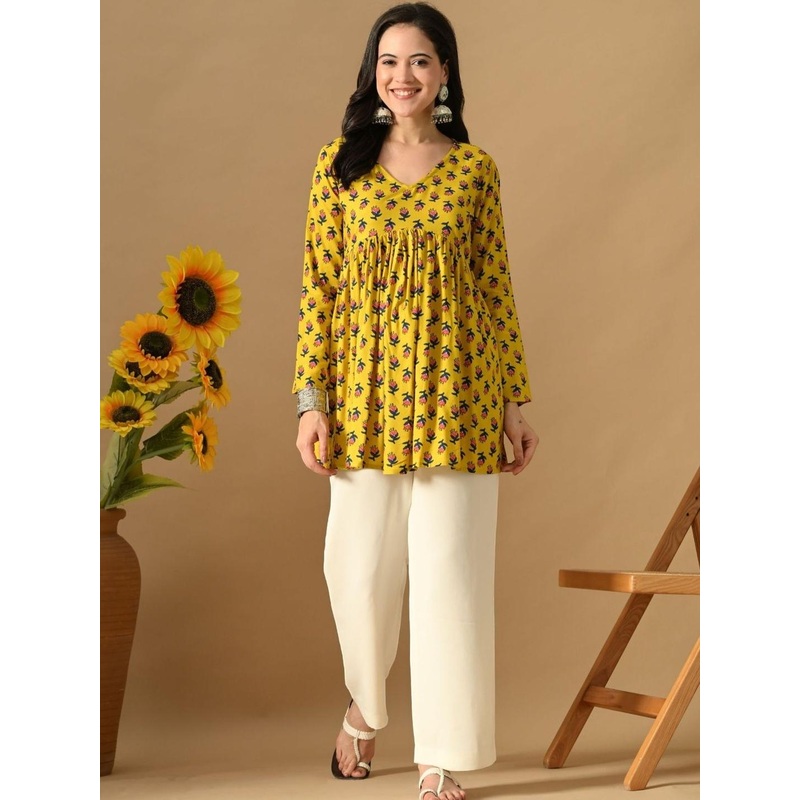 HERE&NOW Women Yellow Cotton Floral Printed V-Neck Long Sleeve Tunic