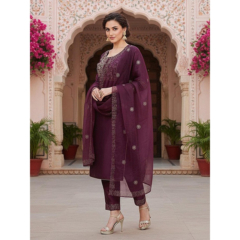 House of Pataudi Embroidered Straight Kurta Trouser With Dupatta