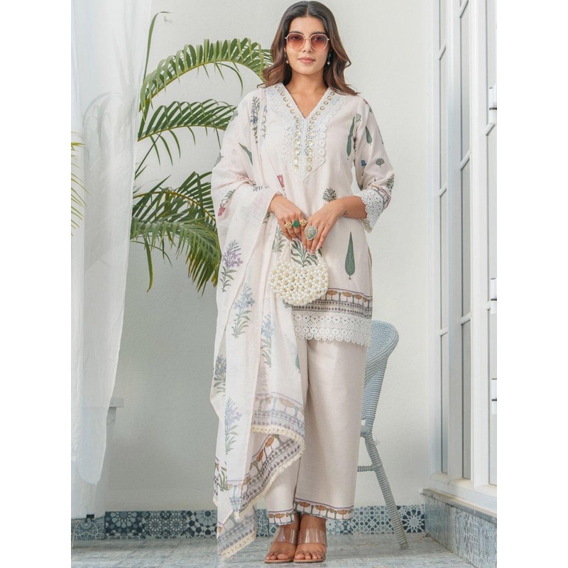 House of Pataudi Floral Printed V-Neck Sequinned Straight Kurta With Trouser & Dupatta