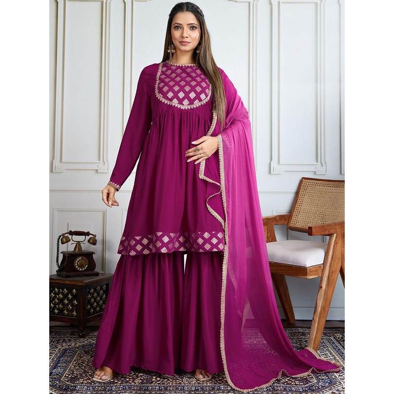 House of Pataudi Women Geometric Embroidered Kurta with Sharara & Dupatta
