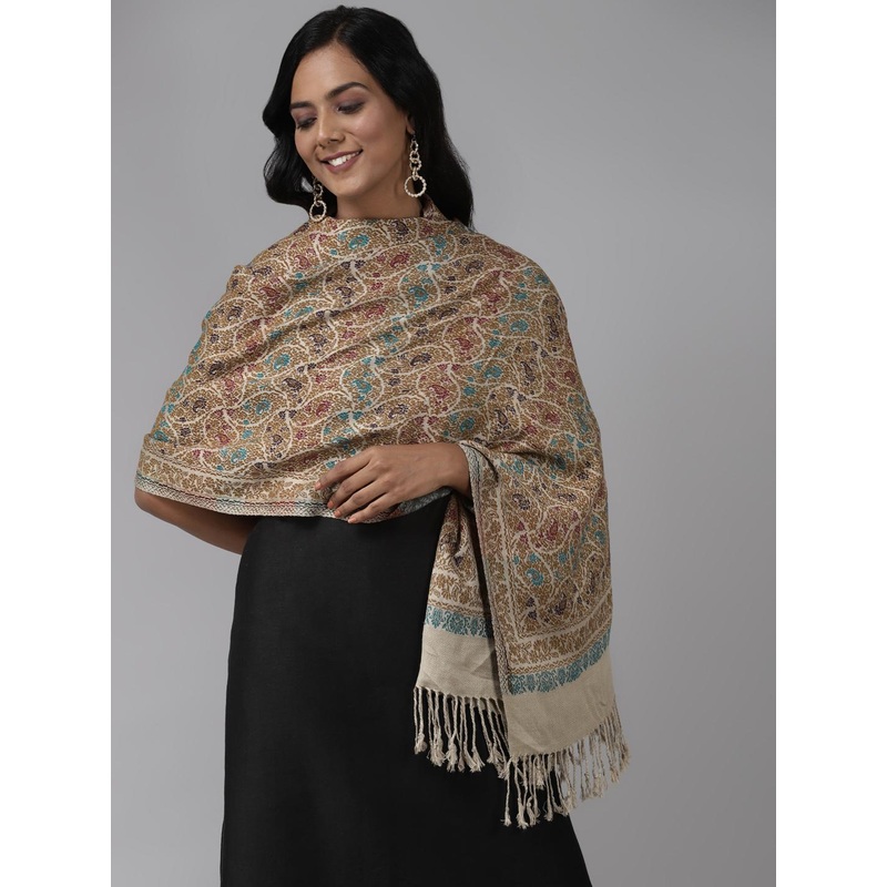 Indo Era Beige Paisley Woven Design Stole