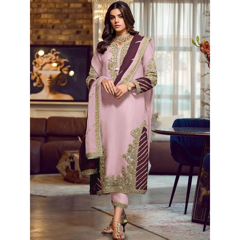 ODETTE Women Floral Embellished  Gotta Patti Kurta Trousers & With Dupatta