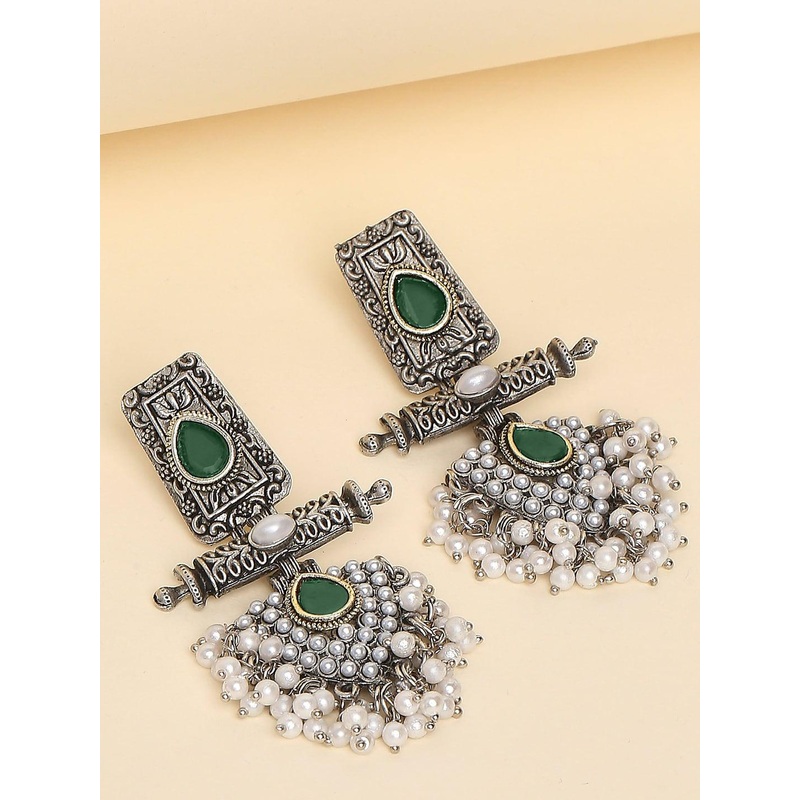 OOMPH Stone-Studded & Beaded Oxidised Geometric Drop Earrings