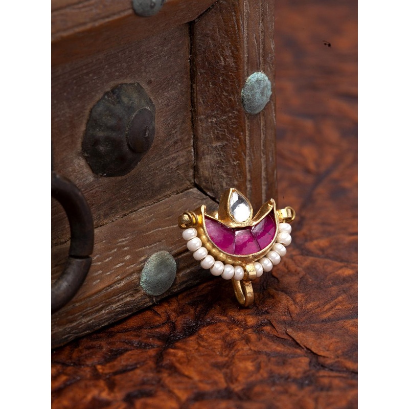 PANASH Gold-Plated & White Kundan-Studded Nose Pin