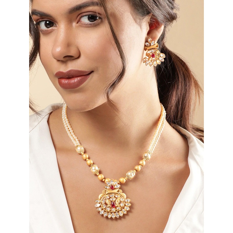 Rubans 18K Gold-Plated Handcrafted Kundan Studded Necklace Set with White & Ruby Red Stone
