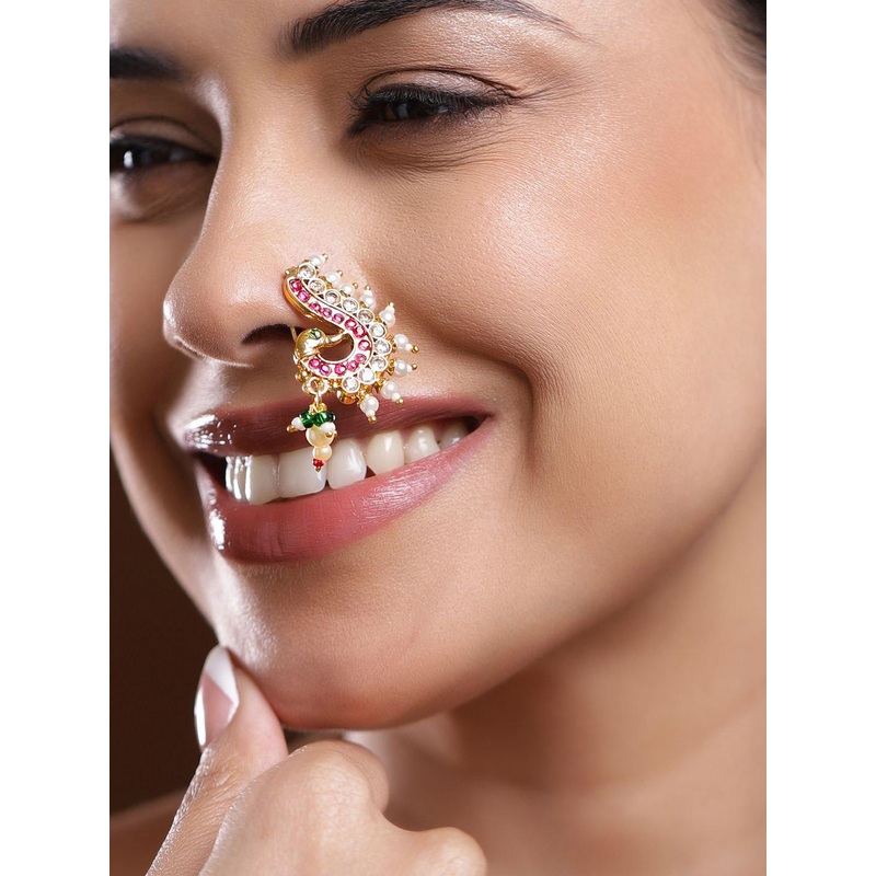 Rubans 18K Gold-Plated Ruby Pink & White Stone Pearl Drops Peacock Nath Nose Pin